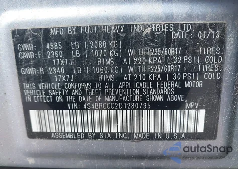 2013 Subaru Outback 2.5I Premium из США, поврежденный, VIN 4S4BRCCC2D1280795